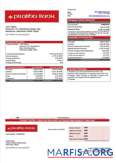 Downloadable Nepal Prabhu Bank mortgage statement Word and PDF template
